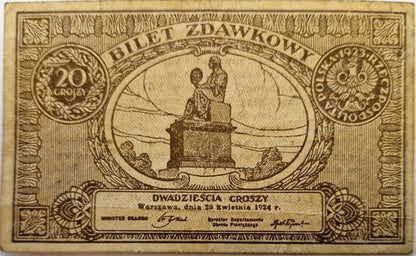 Banknot 20 gr 1924 bilet zdawkowy