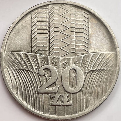 Moneta 20 zł Wieżowiec i kłosy 1973 r. b.z.